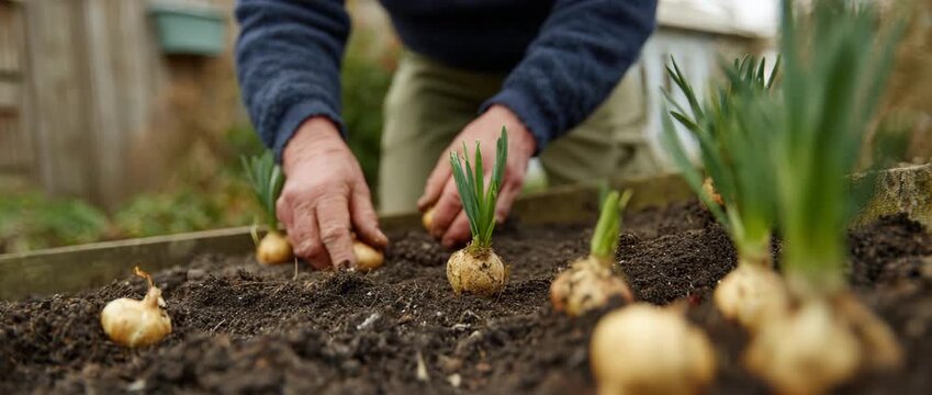 A gardener nurturing bulbs in rich soil, embodying dedication and growth.