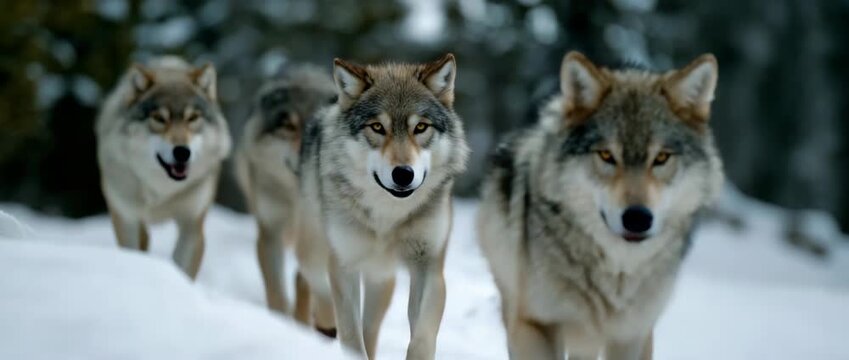 A pack of wolves moving gracefully through a tranquil snowy environment.