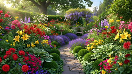 Fototapeta premium Vibrant English Garden Path with Colorful Flowers and Lush Greenery