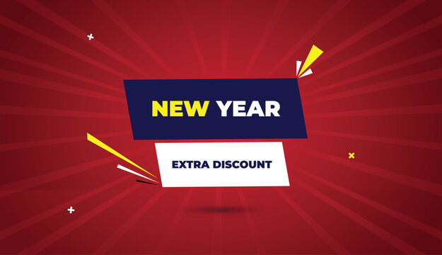 New Year Extra Discount Web Banner Vector Art Template Design Badge Icon Label Deep Blue White Shapes Yellow Bold Text Dark Red Light Sun Shine Abstract Business Background Modern Creative Promotion S