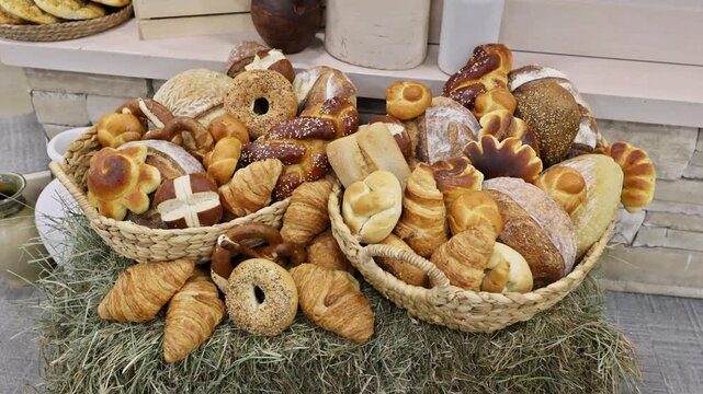 Baskets overflowing with different kinds of bread variety of shapes in local bakery setting.
