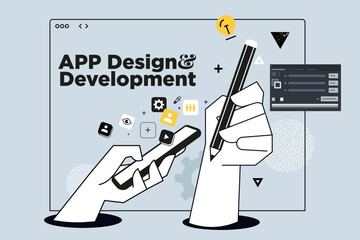 Obraz premium Creative banner of app design and development. Vector illustrations for web banner, social media banner, business presentation, marketing material. 