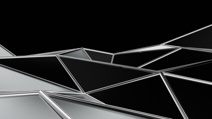 A dark, futuristic background with a low-poly geometric pattern. Features a complex mesh of black and gray triangles, ideal for technology and digital concepts. 3d rendering illustration not AI