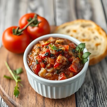 Zacuscă, traditional Romanian food. Smoky roasted eggplant and red pepper, onion, tomato, finely chopped and cooked to form a thick, hearty sauce, served in a bowl.