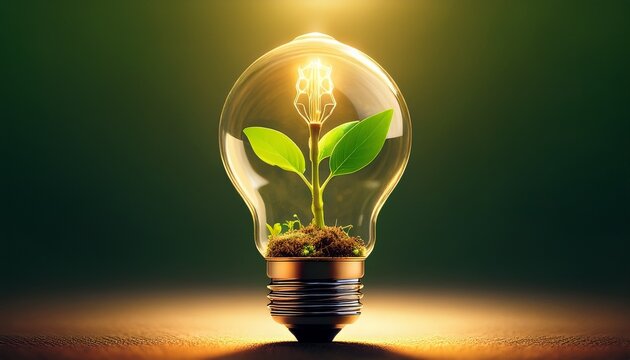classic incandescent light bulb with green plant sprouting inside creating growth metaphor - Powered by Adobe