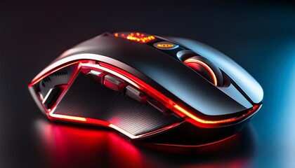closeup of a modern black gaming mouse with red led lighting and a digital timer display highlighting its futuristic design and features for gamers and tech enthusiasts