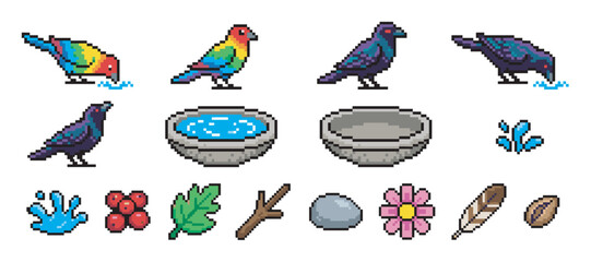 Obraz premium Pixel art collection of bird and nature icons featuring a rainbow bird, a dark crow, a stone birdbath, a feather, a flower, berries, and a leaf for a retro video game asset pack