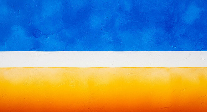 Image of painted wall, three horizontal stripe: blue, white, orange, suggesting division, segregation, or different perspective, point of view