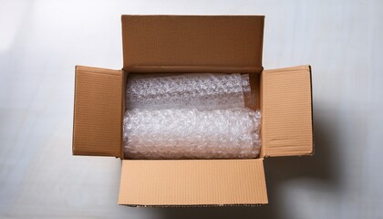 Obraz premium top view of opened shipping box with layered corrugated cardboard strips and bubble wrap demonstrating professional sustainable packaging standards