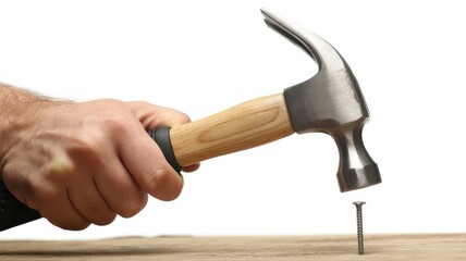 Hand holding hammer and driving nail into wood, carpentry tool for construction and DIY projects