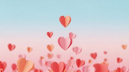 Softly lit composition features floating paper hearts against gradient pink and blue background