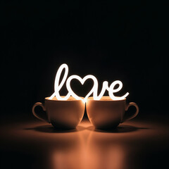 Glowing 'love' sign with heart shape in two white coffee cups on a dark background.