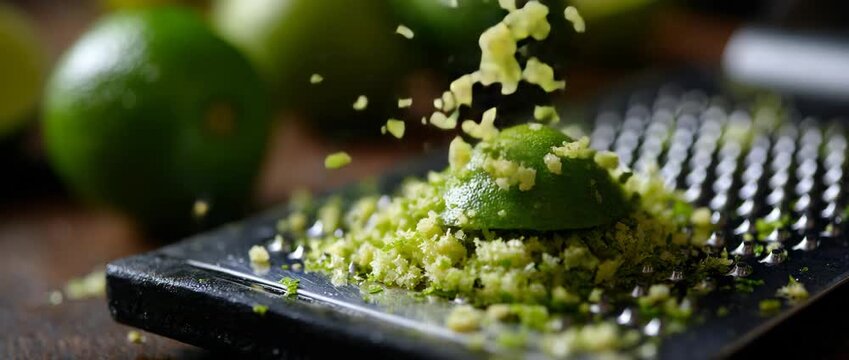 Lime zest is being freshly grated, ready for flavorful dishes.
