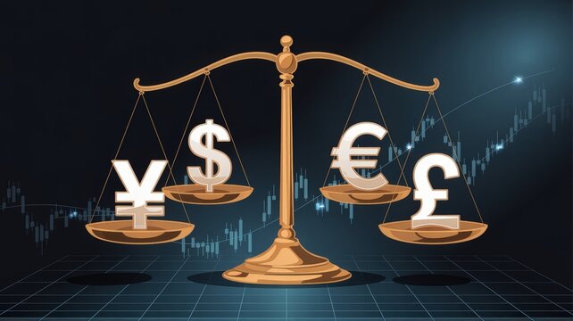 Currency symbols balanced on a scale, representing global finance and economic exchange.