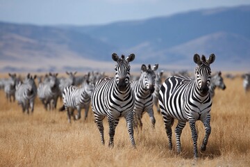 Fototapeta premium Herd of zebras running across an open grassland