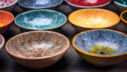 handmade ceramic bowls intricate floral patterns vibrant colors artisanal craft handcrafted tableware