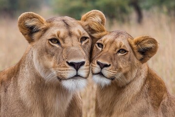 Obraz premium Two lions close together in grassland during daylight