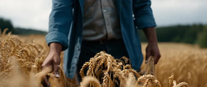 A farmer holding wheat in a vast golden harvest field.