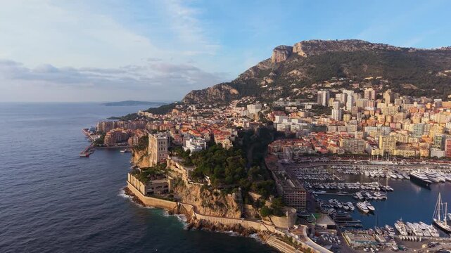 Sunset Harbor Scene, Luxurious Yachts By Sunset, Peaceful Marina With Hillside And City View. Monaco. Monte carlo