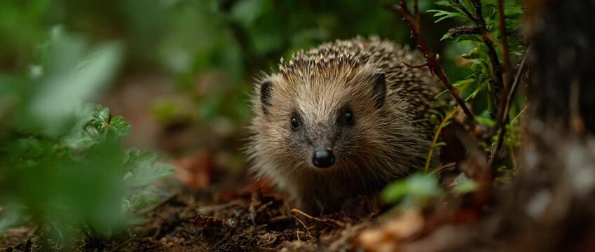 A small hedgehog exploring its natural lush forest habitat.