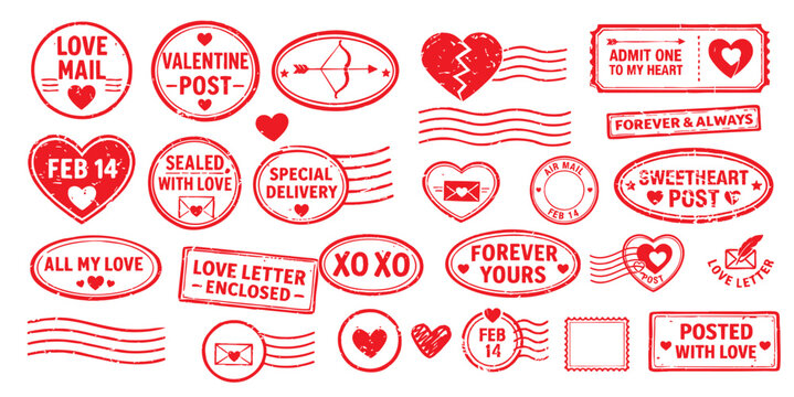 Romantic valentine's day postmark and love mail rubber stamp set &mdash; love letter postal collection