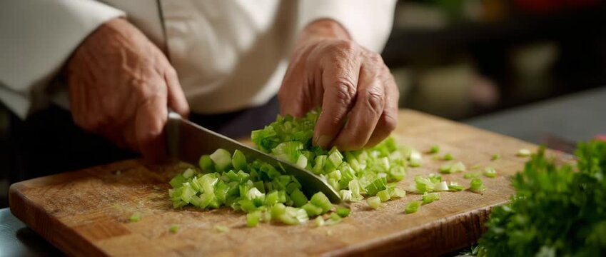 A skilled chef chop celary into fine pieces for a dish.
