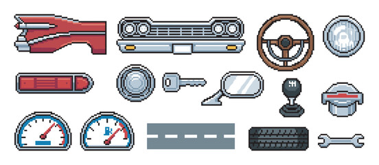 Pixel art set of retro car components featuring a grille, steering wheel, tire, speedometer, gear shift, and other automotive icons with a classic 8-bit video game design