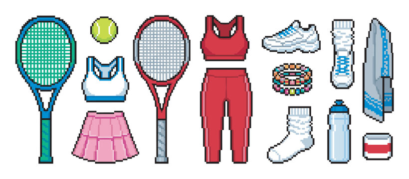 Pixel art collection of tennis equipment and women's sportswear including rackets, a ball, clothing, and accessories in a retro 8-bit video game style illustration