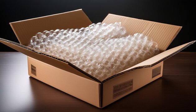 opened cardboard box displaying dense riffled corrugated cardboard filler material with bubble wrap for comprehensive sustainable packaging protection