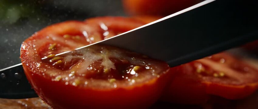 A close-up of a sliced tomato with water droplets showing freshness.