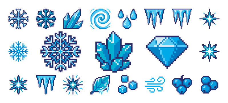 Set of blue pixel art winter icons featuring snowflakes, ice crystals, icicles, a diamond, and other cold weather elements for a retro video game interface or graphic design