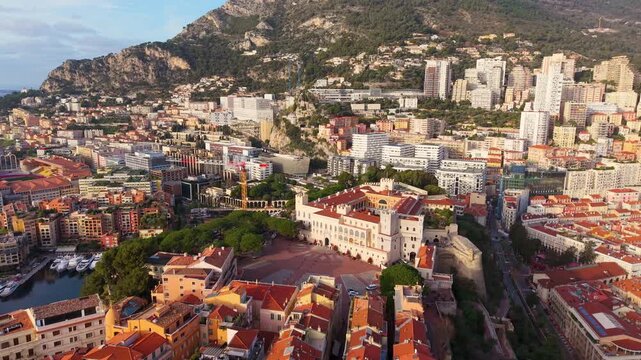 Sunset Harbor Scene, Luxurious Yachts By Sunset, Peaceful Marina With Hillside And City View. Monaco. Monte carlo