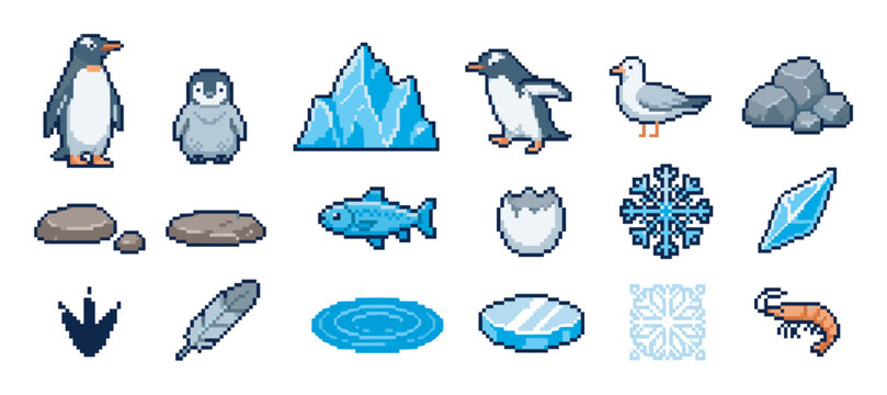 Pixel art icon set of arctic wildlife featuring a penguin family, iceberg, fish, krill, and winter elements in a charming 8-bit retro gaming aesthetic for digital assets
