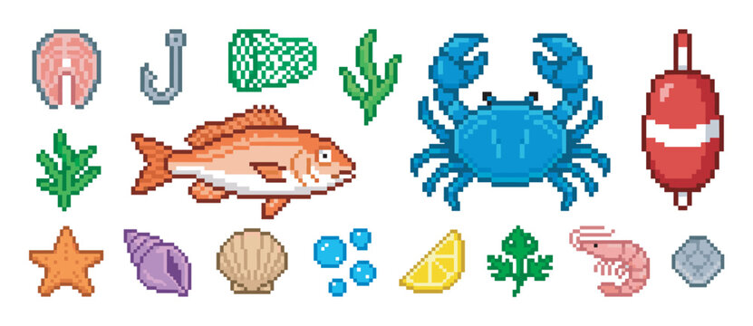 Collection of colorful pixel art icons featuring seafood and fishing elements like a crab, fish, shrimp, hook, and net in a retro 8-bit video game style for creative projects