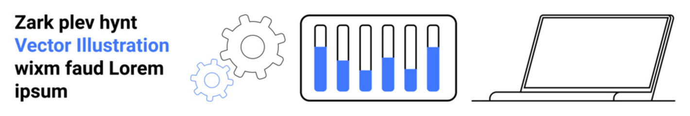 Obraz premium Interconnected gears, analytics bar with blue highlights, and a laptop. Ideal for technology, productivity, innovation, analysis, automation, software simple landing page