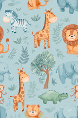 Fototapeta premium Safari animals pattern with giraffes, elephants, and lions on a light blue background. Cute cartoon jungle animals seamless pattern
