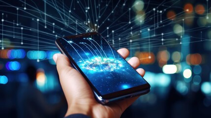 hand hold mobile phone and the big data wireless 5G connecting, technology, networking, digital, business, connect, communication, smartphone, online, cyberspace, social, media, interface