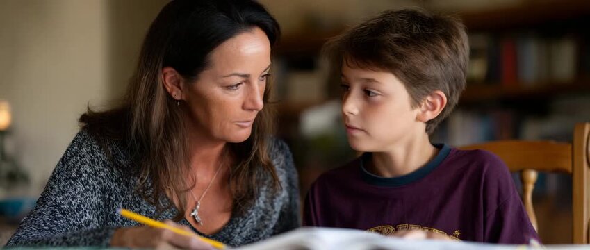 A warm moment shared between a mother and son during study.