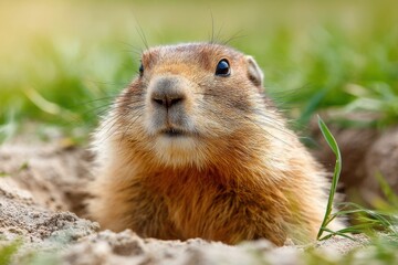 Curious marmot peeking from its burrow
