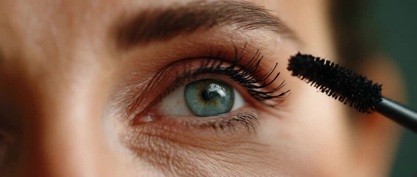 A close-up of a woman's eye as she applies mascara carefully.