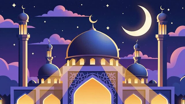 Stunning flat vector illustration of a majestic mosque under a starry night sky with a glowing crescent moon and colorful clouds. Perfect for Ramadan Kareem and Eid Mubarak celebrations.
