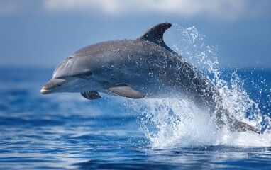 Fototapeta premium A grey dolphin leaps from the ocean, sending water splashing upwards
