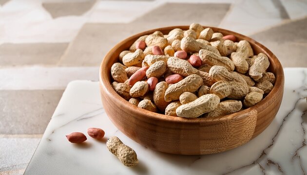 Raw Peanut Seeds In A Wooden Bowl On A Marble Countertop Dried Peeled Groundnut As Healhy Vegetarian Snack Whole Organic Monkey Nut For Dietary Nutrition Arachis Hypogaea Fruits