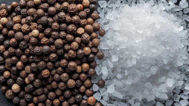 Close-up view of black peppercorns and coarse sea salt crystals side by side.
