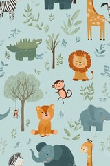 Fototapeta premium Cute cartoon jungle animals seamless pattern. Safari animals pattern with giraffes, elephants, and lions on a light blue background