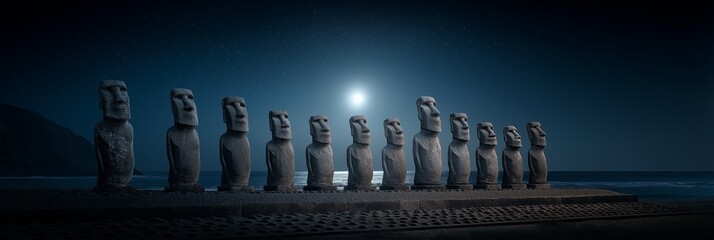 Moai statues on Easter Island watching rising moonlight. Ancient Moai statues standing by the ocean under a night sky with bright moonlight