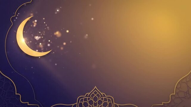 Beautiful Islamic background featuring a glowing golden crescent moon against a smooth blue and gold gradient with shimmering particles and a mosque outline. Perfect for Ramadan and Eid Mubarak.
