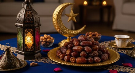 Fototapeta premium Ramadan decorations with dates and lantern on blue tablecloth