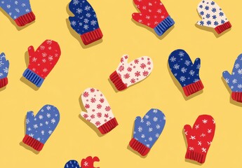 Obraz premium Cozy Knitted Mittens In Red Blue And White Patterns On A Warm Yellow Background