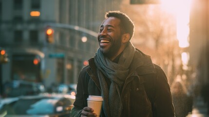 Naklejka premium Happy african male adult enjoying coffee in city at sunset.